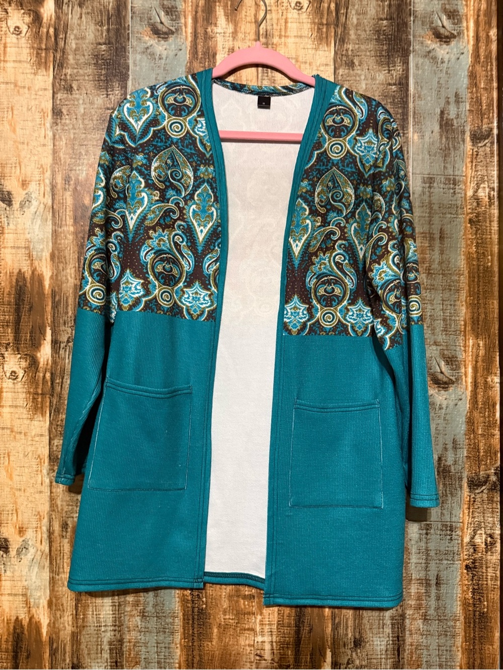 Teal Paisley Open-Front Women’s Cardigan Sweater.